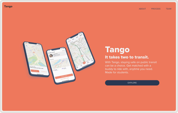 The Tango landing page: three phones showing the app’s map, a buddy match and a route, beside the line “It takes two to transit.” and an Explore button.