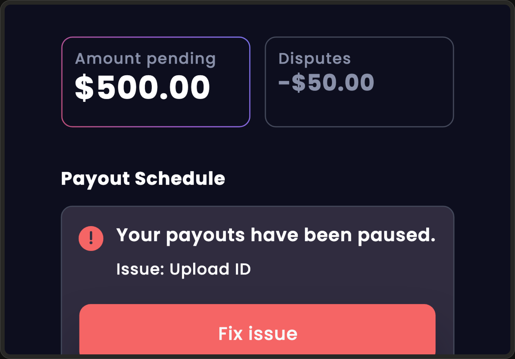 The Plots Payouts page: $500.00 pending, a $50.00 dispute, and an alert that payouts are paused until the host uploads an ID, with a Fix issue button.