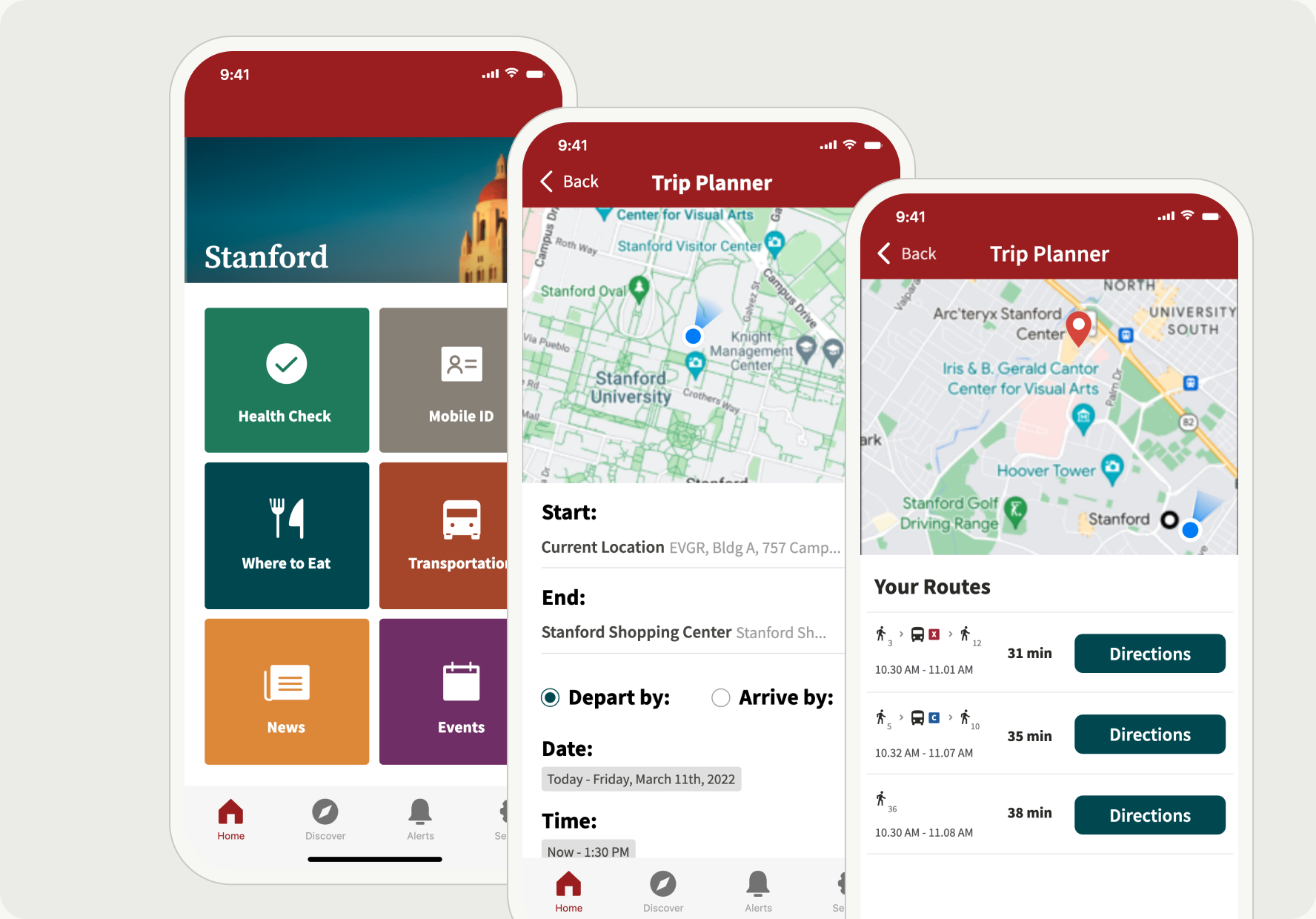 Three Stanford Mobile screens: the home screen with tiles for Health Check, Mobile ID, Where to Eat, Transportation, News and Events; the trip planner, starting from the current location; and three bus routes with their times.