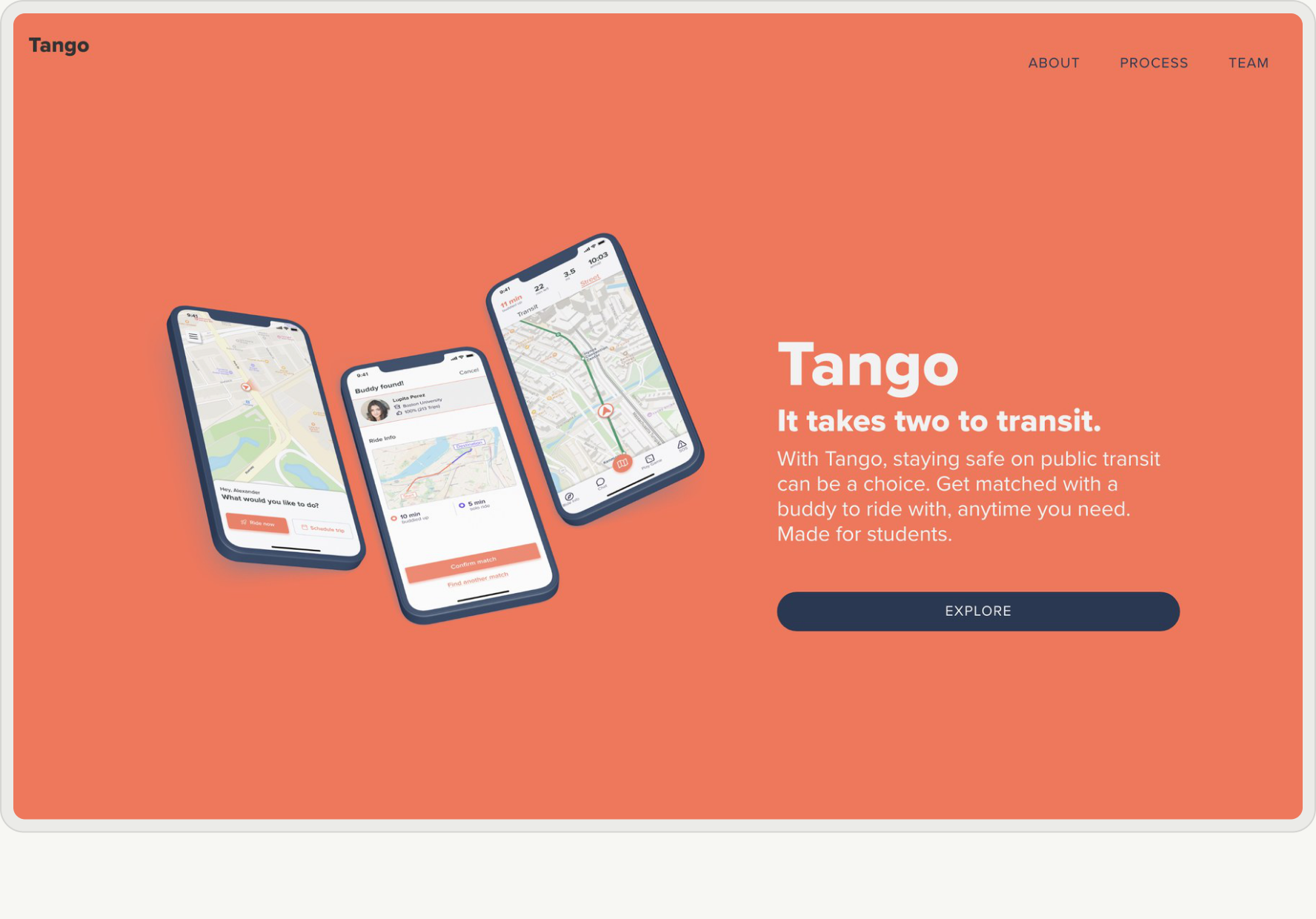 The Tango landing page: three phones showing the app’s map, a buddy match and a route, beside the line “It takes two to transit.” and an Explore button.